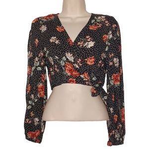 HYPE Black Red Floral White Polka Dot Print Split Sleeve Front Tie Top M NWT